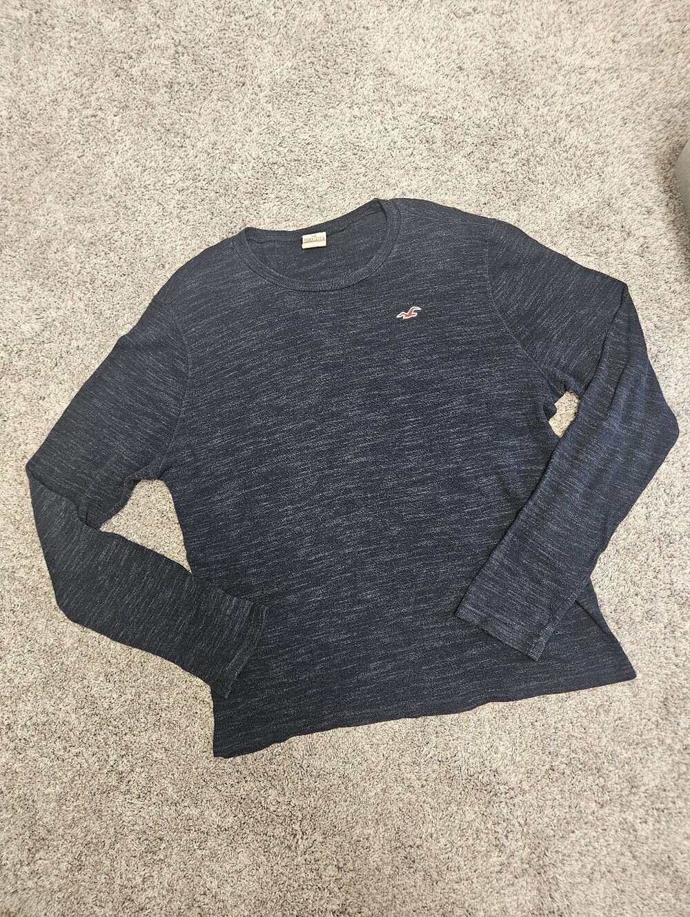 Y2K Hollister Men's Heathered Navy Long-Sleeve Crew Tee - XL
